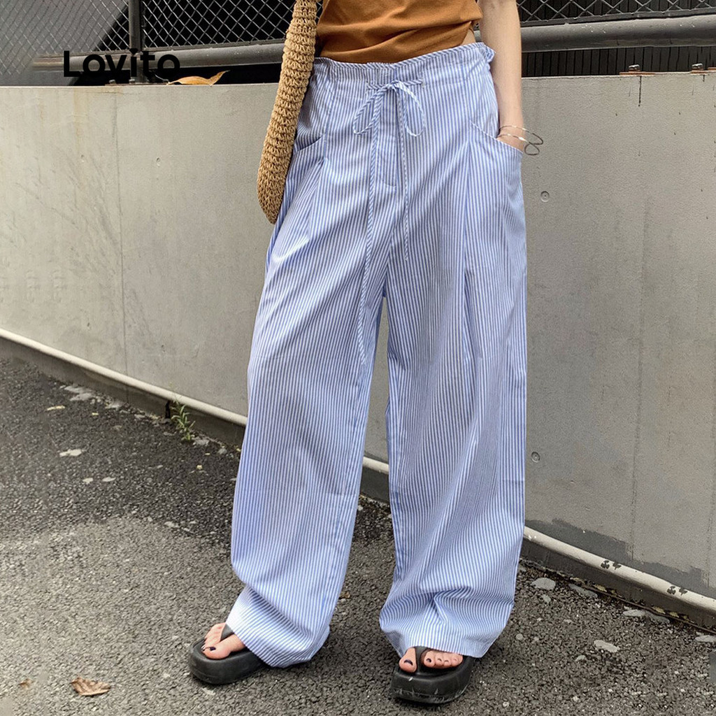 (Trendy) Lovito Calça Casual Listrada Com Cordão Verão/Primavera Para Mulheres L125AD017 em Oferta na Shopee