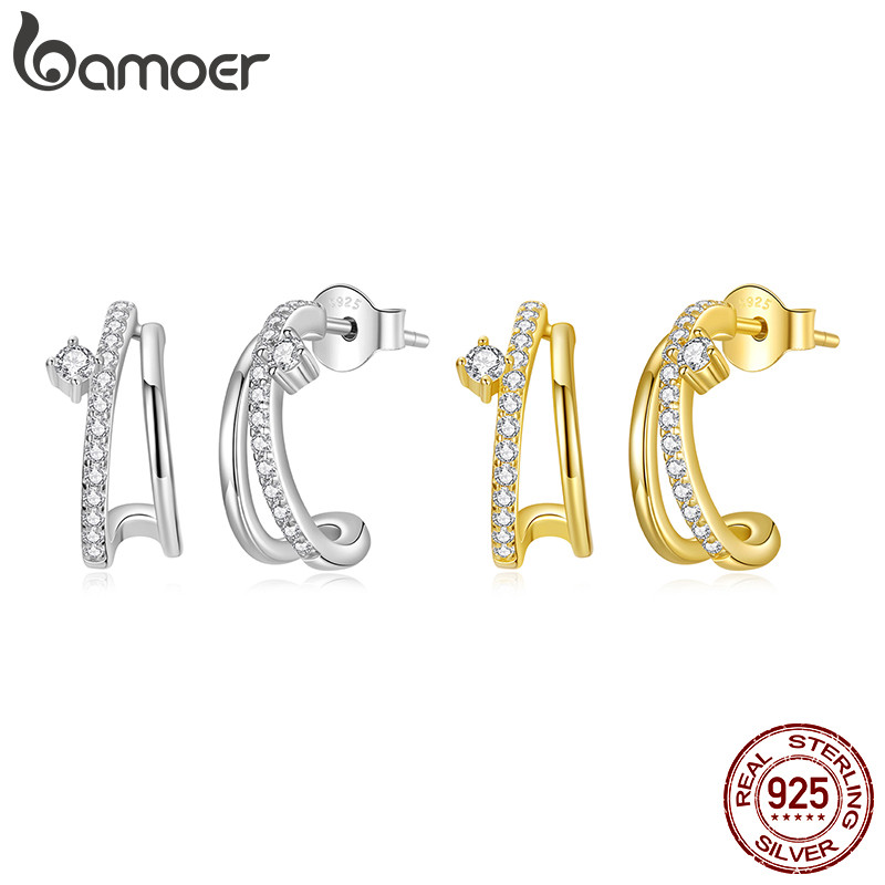Bamoer 925 Original Prata Esterlina Moissanite Brincos De Duas Cores Divisão Dupla Camada Anti-Alergia Jóias Presente Fe em Oferta na Shopee