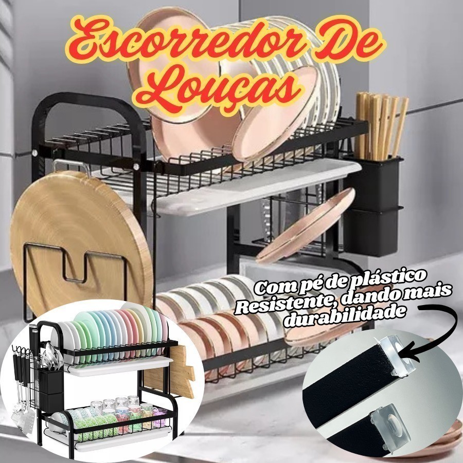 Escorredor de Louça Inox 41x24x42cm com Protadores de Plástico e Bandeja Coletora de Água Multiuso