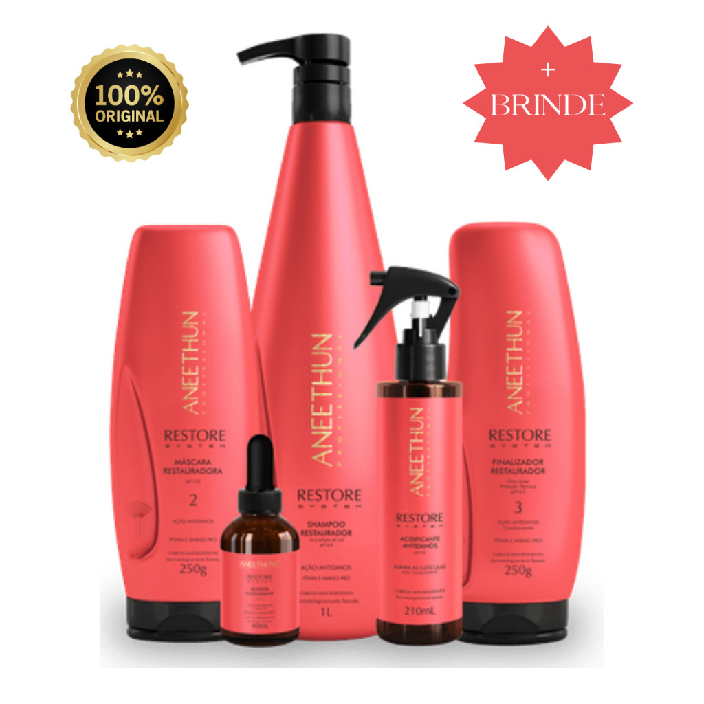 Kit Restore System Shampoo Litro Mascara Finalizador Acidificante E Booster 5 Produtos - Aneethun + MIMO DA LOJA