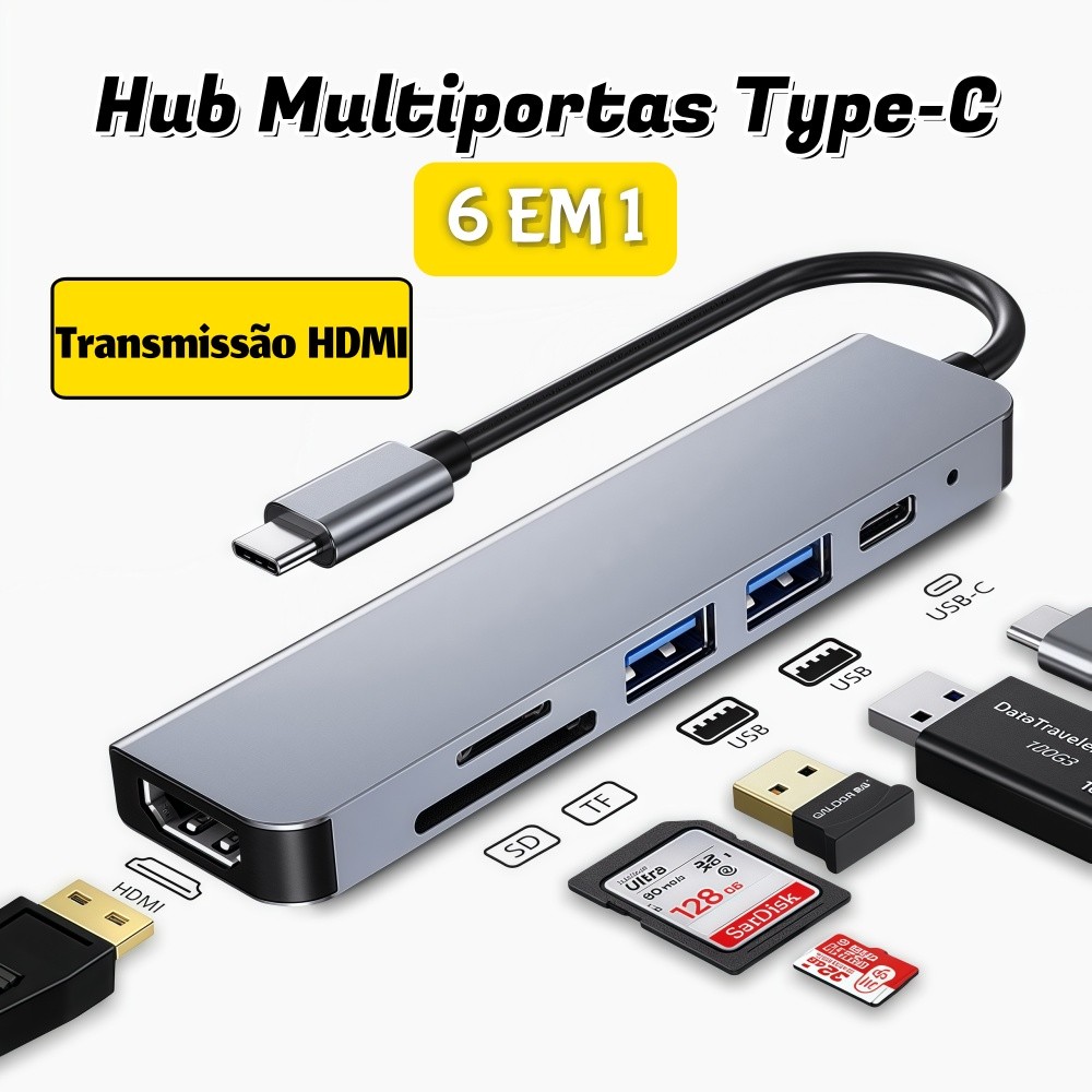 Adaptador HUB Type C Porta USB 6 Em 1 Transferência De Dados De Alta Velocidade Para Laptops Tablet Drive