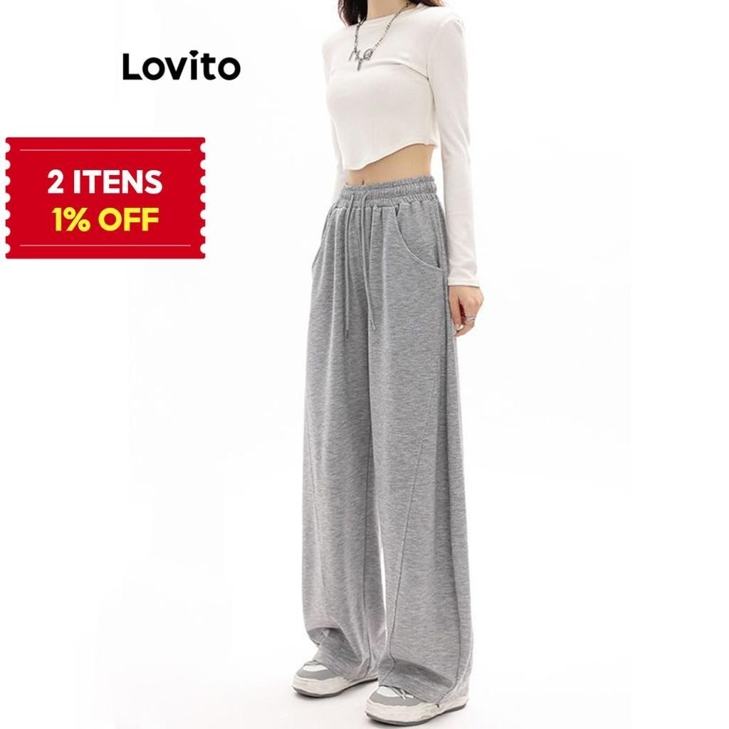 (Trendy) Lovito Calça Casual Lisa Com Cordão Para Mulheres LNA36090 (Multicolorido) em Oferta na Shopee