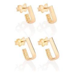 Kit Brincos Retangulares Lisos Banhados A Ouro 527241