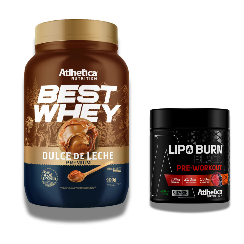 Kit Best Whey Dulce De Leche Premium 900g+ LipoBurn Black Pre-workout 200g Frutas Vermelhas- Atlhetica Nutrition