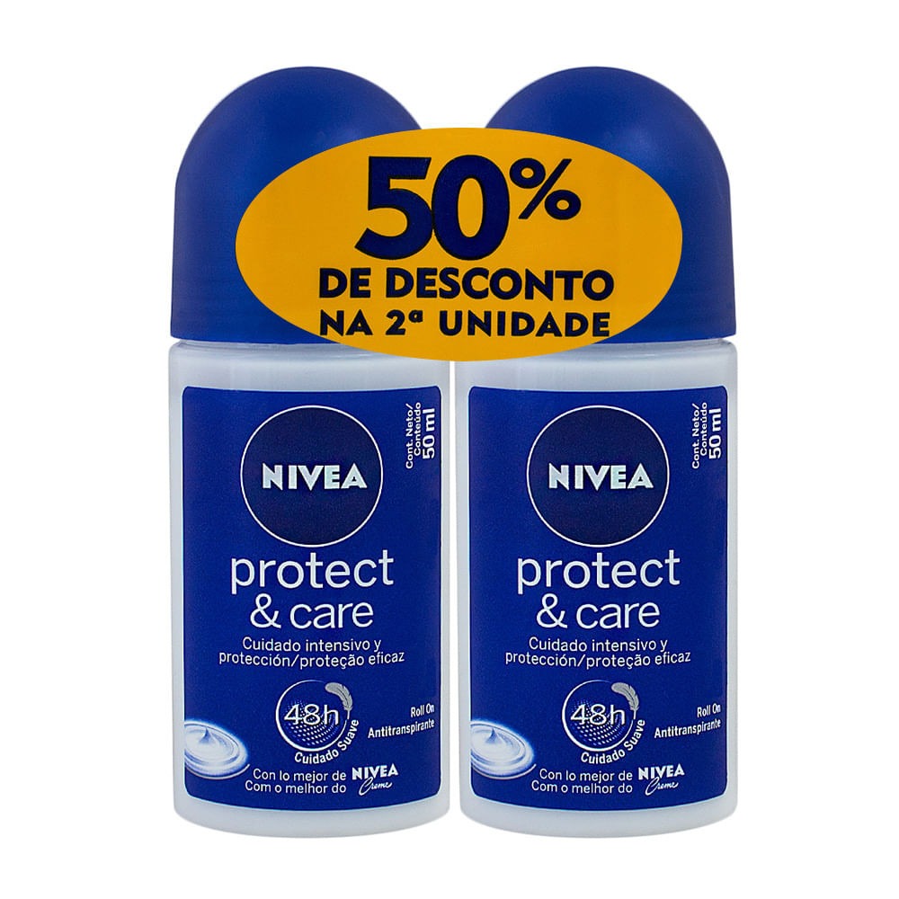 Desodorante Nivea Protect & Care Roll-on Antitranspirante 48h com 2 Unidades de 50ml cada 50% Desconto na 2ª Unidade - Beauty