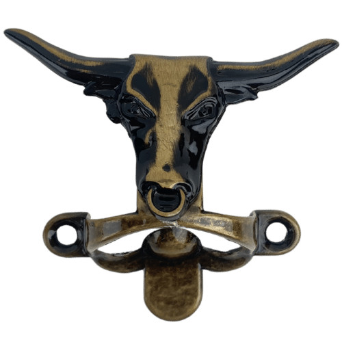 Abridor de Garrafas Touro Chifrudo em Metal Ouro Velho Escovado 7,5x7,5cm Acessório Decoração Artesanato Ferragem