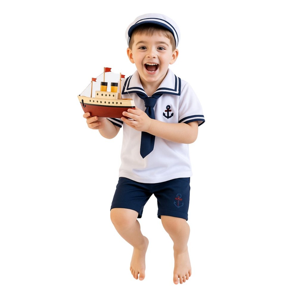 Fantasia Infantil Marinheiro com Boné Camiseta e Shorts Bebe