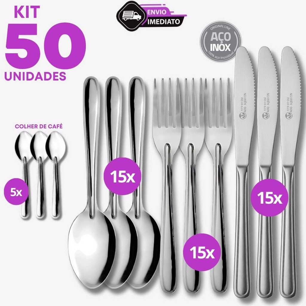Jogo 50 Talher Inox 15 Garfos 15 Facas 15 Colher 5 Colher de Café Sopa Jantar Cozinha Almoço Casa