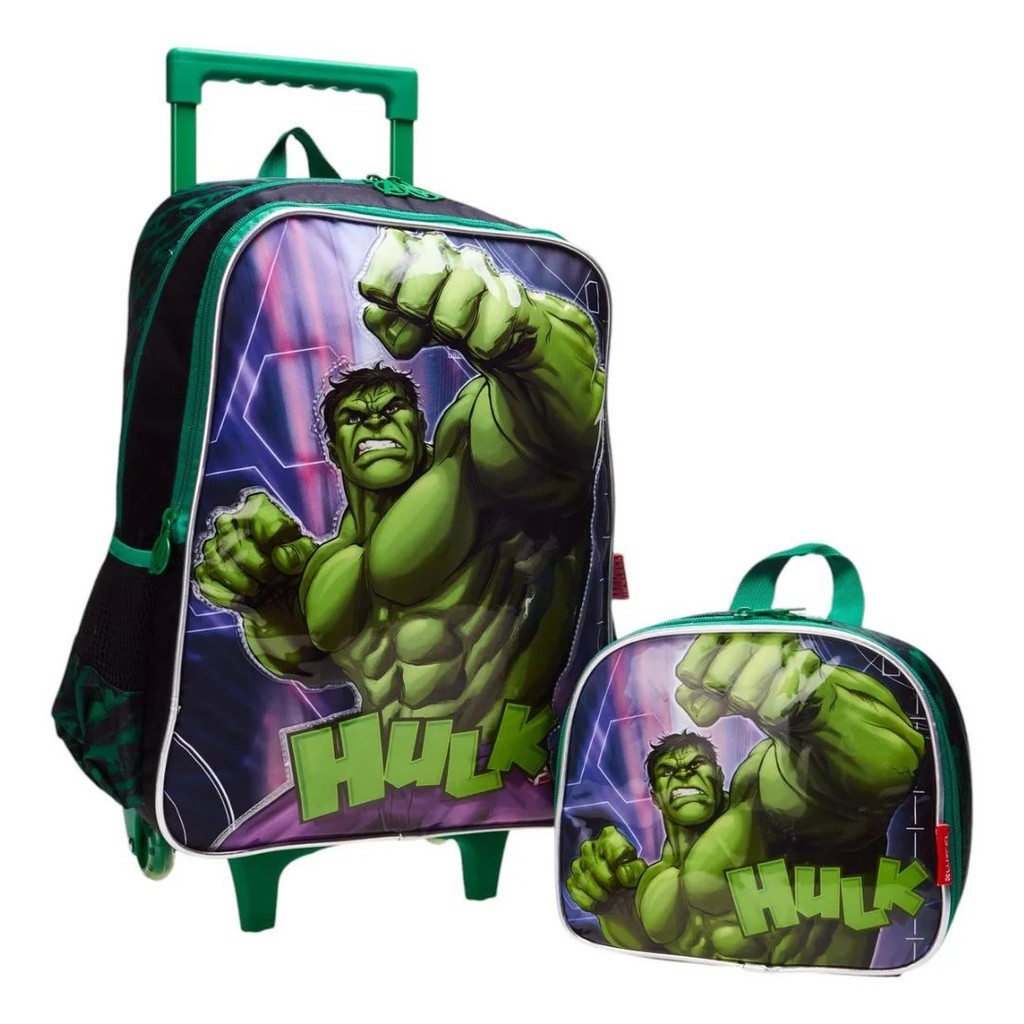 Kit Mochila Rodinha Lancheira Hulk Verde Menino Luxcel