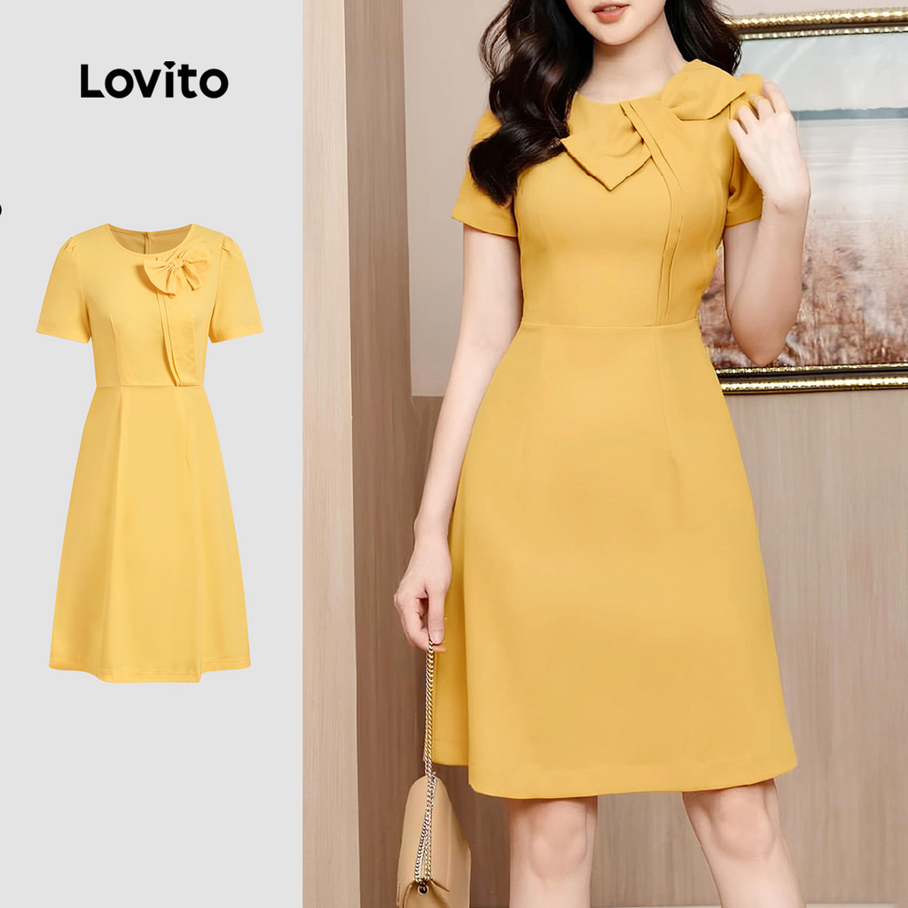 Lovito Vestido Elegante com Laço Primavera/verão  Vestido Amarelo para Mulheres L137LD060