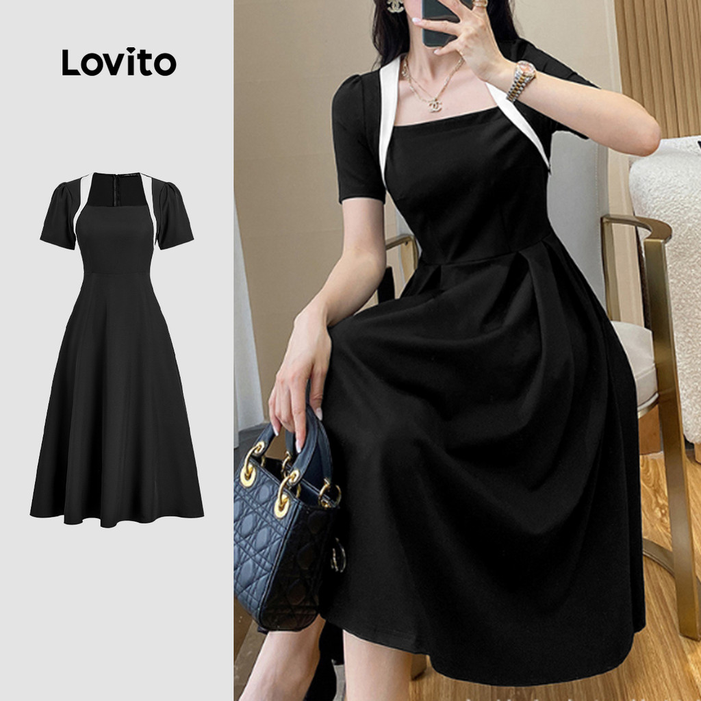 (New) Lovito Vestido Elegante de Cores em Bloco  Simples para Primavera/verão  Preto  para Mulheres L143ED157 em Oferta na Shopee
