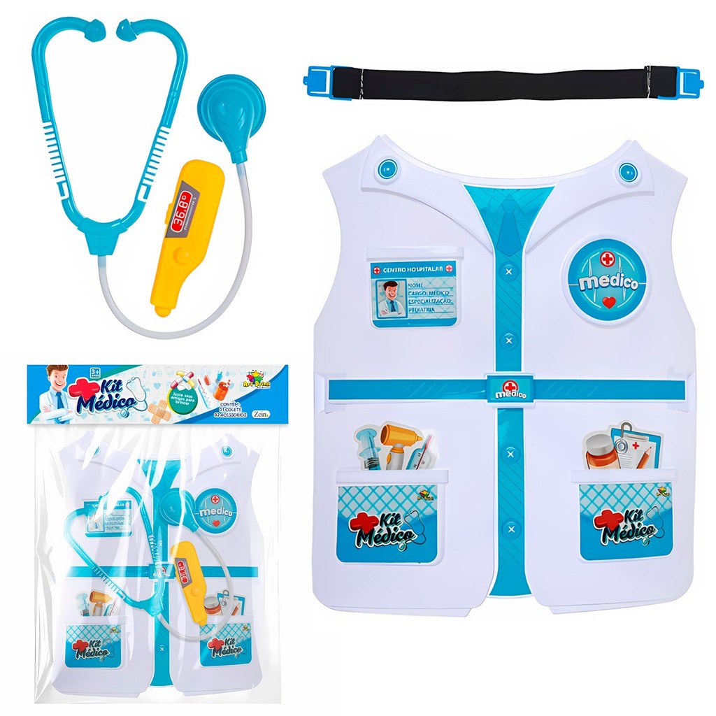 Colete Fantasia Medico Infantil Azul Com Estetoscopio Termometro Brinquedo Profissao Menino