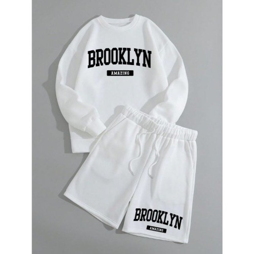 Conjunto Masculino Moletom Gola Redonda  bermuda com cokrdaõ  estampa de letras confortavel  lançamento,passeio,academia