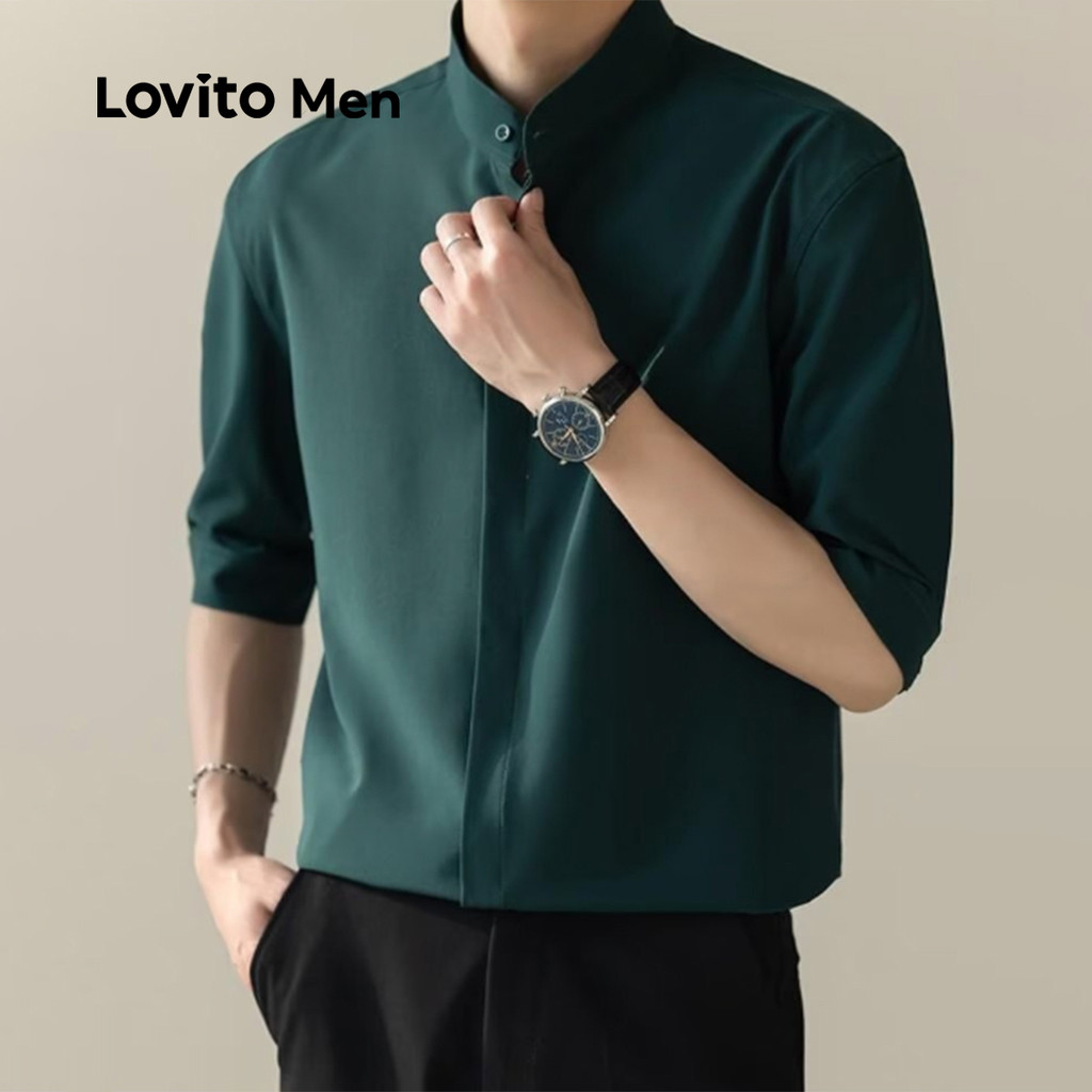 Detalhes do Lovito Camisa Casual de Botão Primavera/verão Camisa Verde Escura para Homens LNE110020