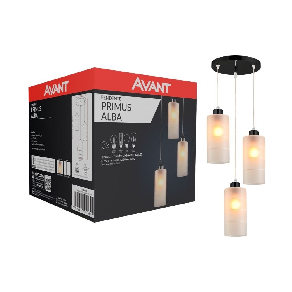 Pendente Avant Primus Alba 3XE27, Preto Fosco, Vidro Fosco em Oferta na Shopee