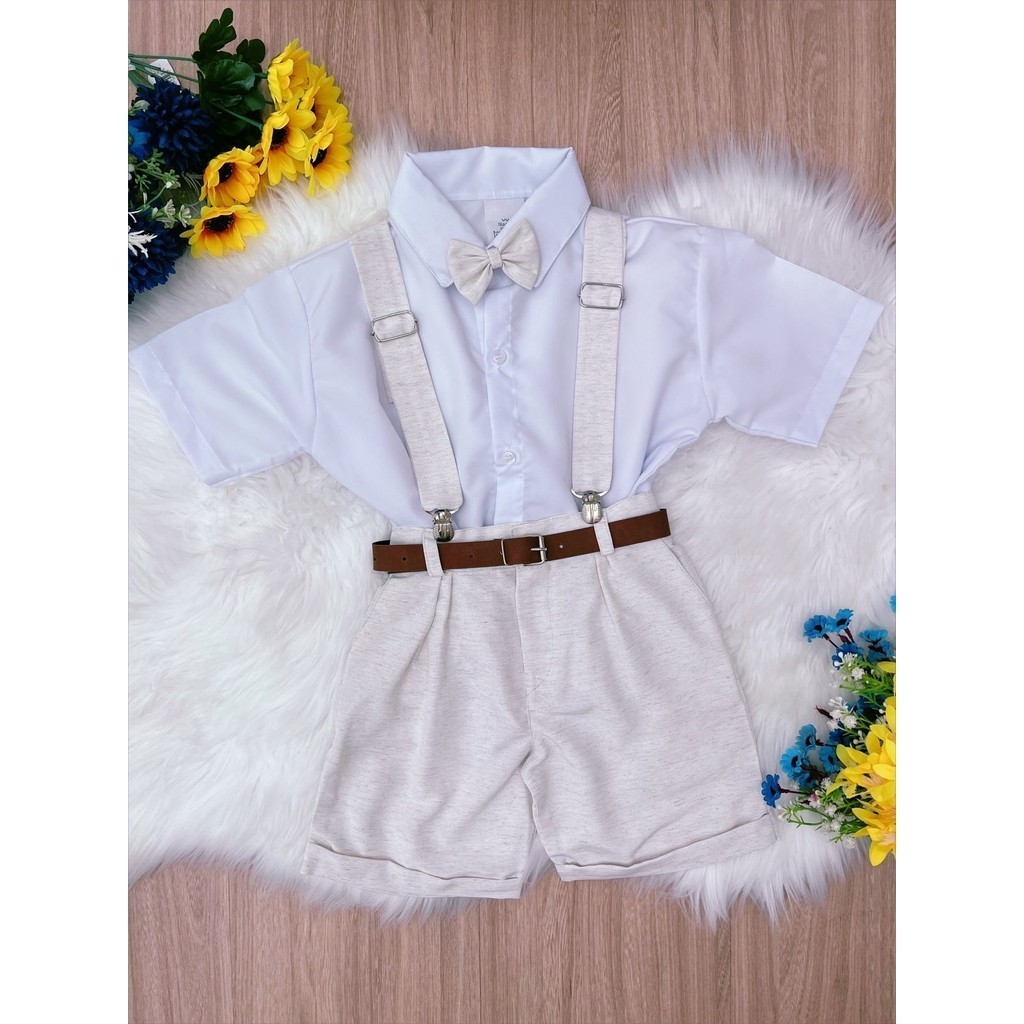 Conjunto Infantil Suspensório Gravata e Short Branco e Bege