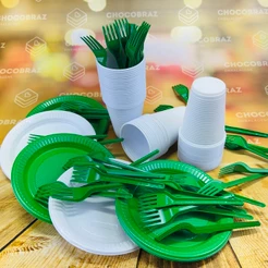 Kit Festa 50 PESSOAS DESCARTAVEIS GARFO + PRATO + COPO VERDE E BRANCO (CHOCO)