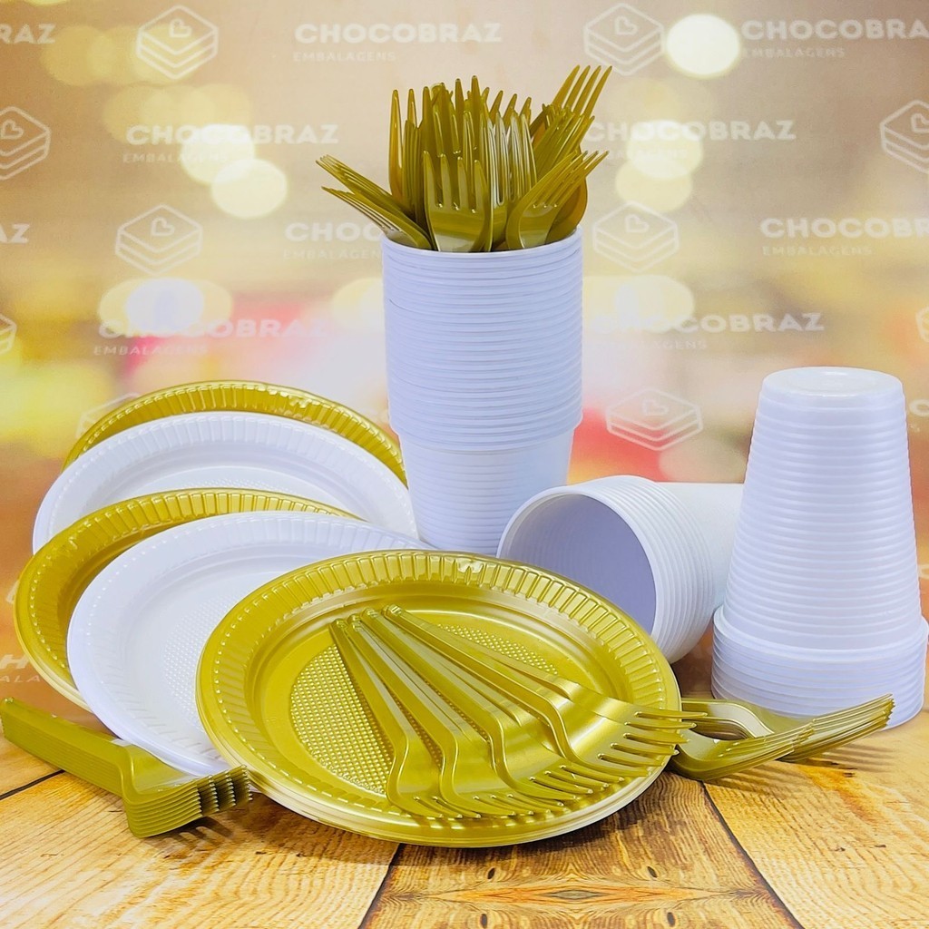 Kit Festa ANO NOVO 50 PESSOAS DESCARTAVEIS BRANCO E OURO GARFO + PRATO + COPO