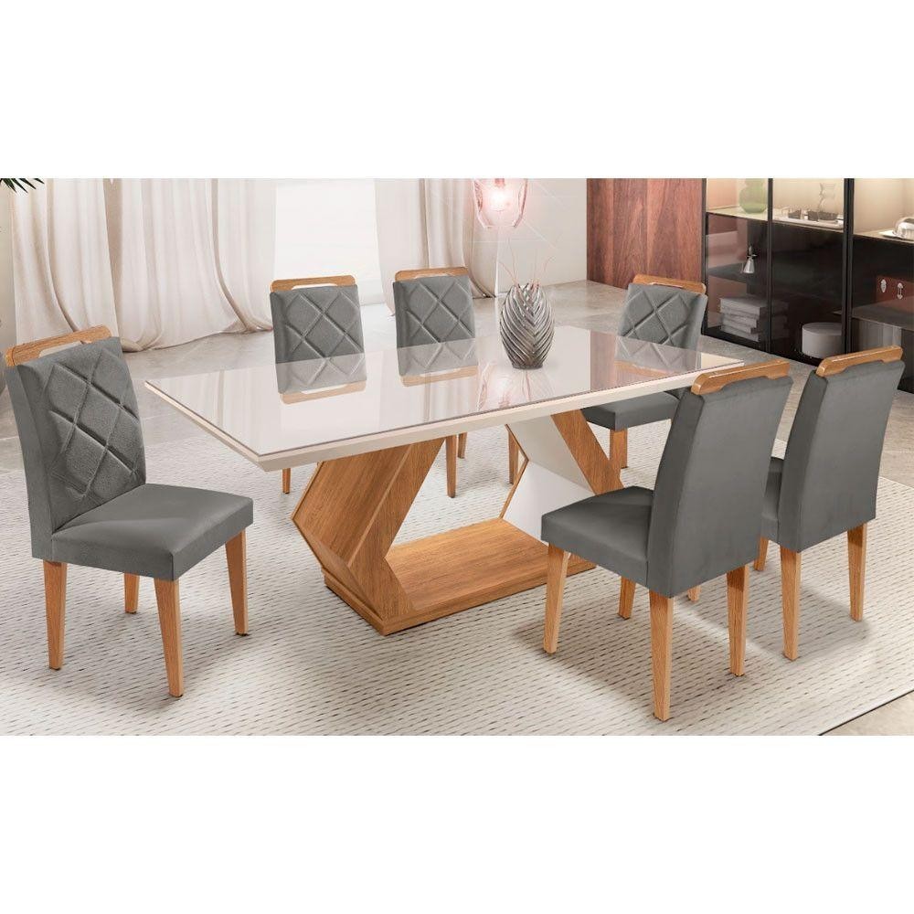 Mesa Alvorada Tp Mdf Vidro Canto Reto 6Cadeiras Rufato