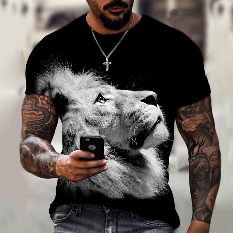 Tamanho Grande S-5XL Harajuku Camisa 3D De Leão Para Homens Impressão Novo Estilo Moda De Verão Manga Curta Com Pescoço Redondo