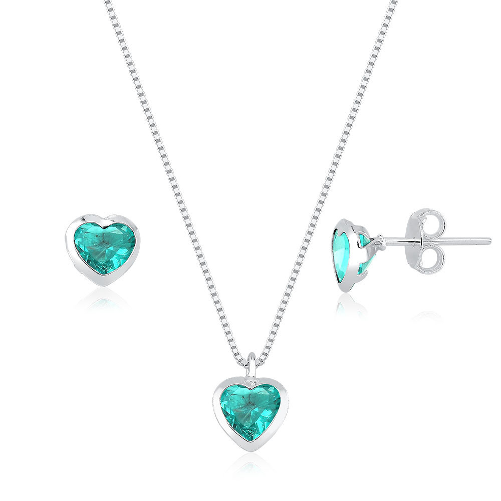 Conjunto Colar e Brincos Coração em Cravaçao Inglesa + caixinha de presentes em Oferta na Shopee