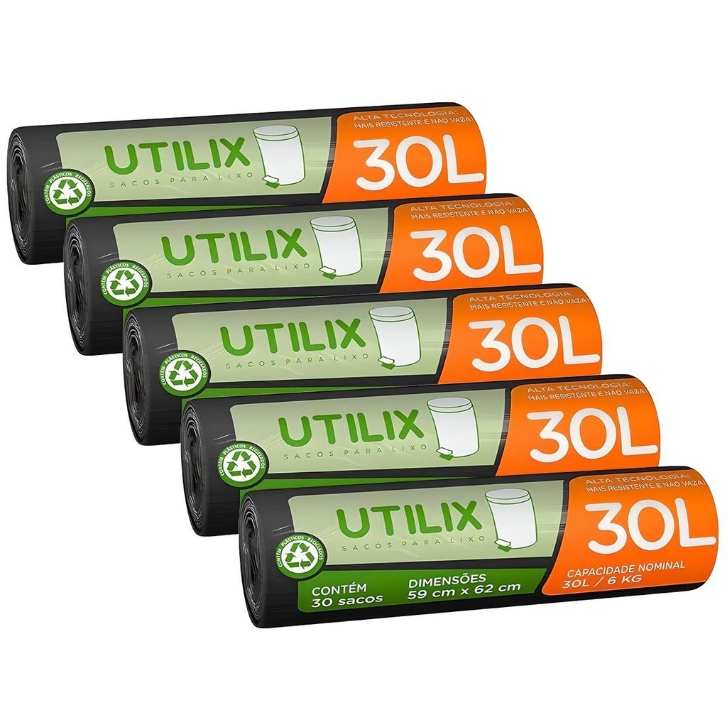 Kit 5 Sacos Para Lixo Preto 30L 30un Utilix - Dover Roll