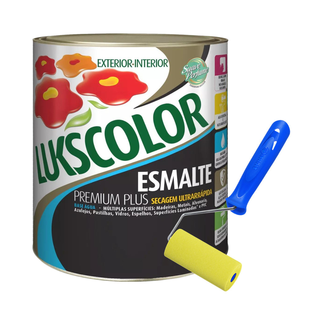 Tinta Esmalte Fosco Base Água Preto 900ml Lukscolor + Rolo 09cm