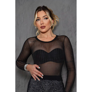 Body feminino brilho strass pedraria manga longa tule transparente em Oferta na Shopee