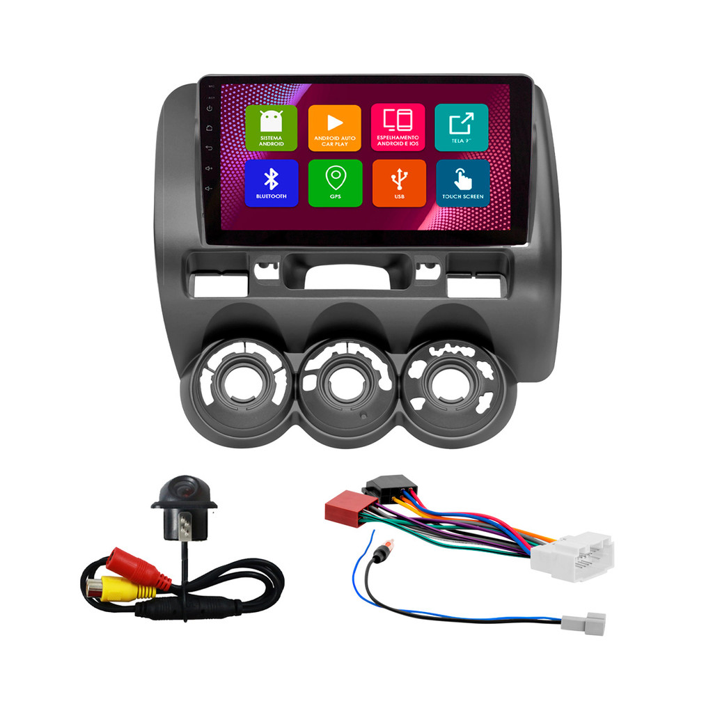 Kit Multimídia 9 Pol Fit 2004 2005 2006 2007 2008 Android 2Gb Ram 32Gb Flash Quad-Core 2 Din Grafite Wifi Gps Tela Ips