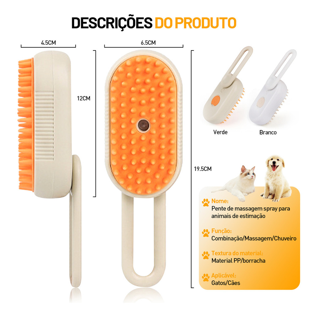 Escova para Pets a Vapor 3 em 1 Removedor de Pelos Gatos e Cães Massageadora Recarregável USB