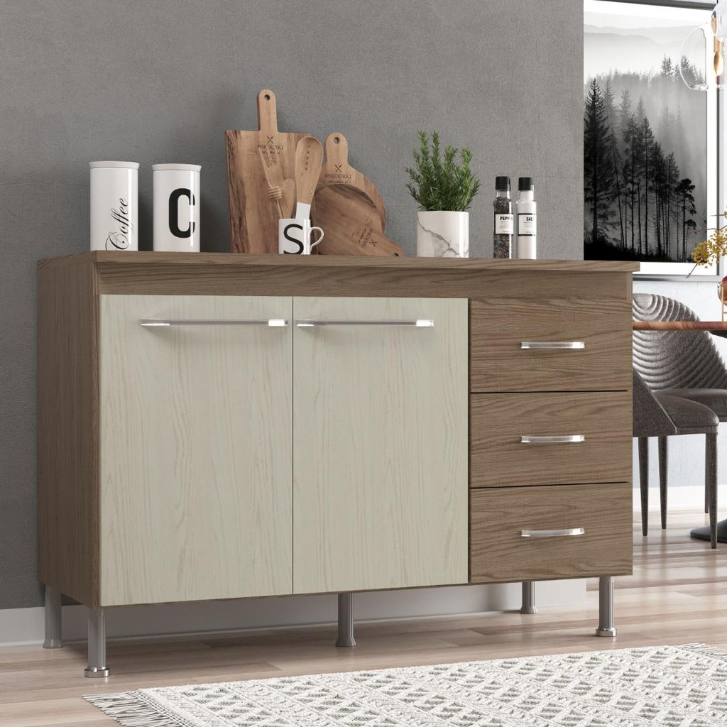 Balcão Modulado Para Cozinha Com Tampo Fidelitá Paris 120cm 2 Portas 3 Gavetas Nogal/Salinas em Oferta na Shopee