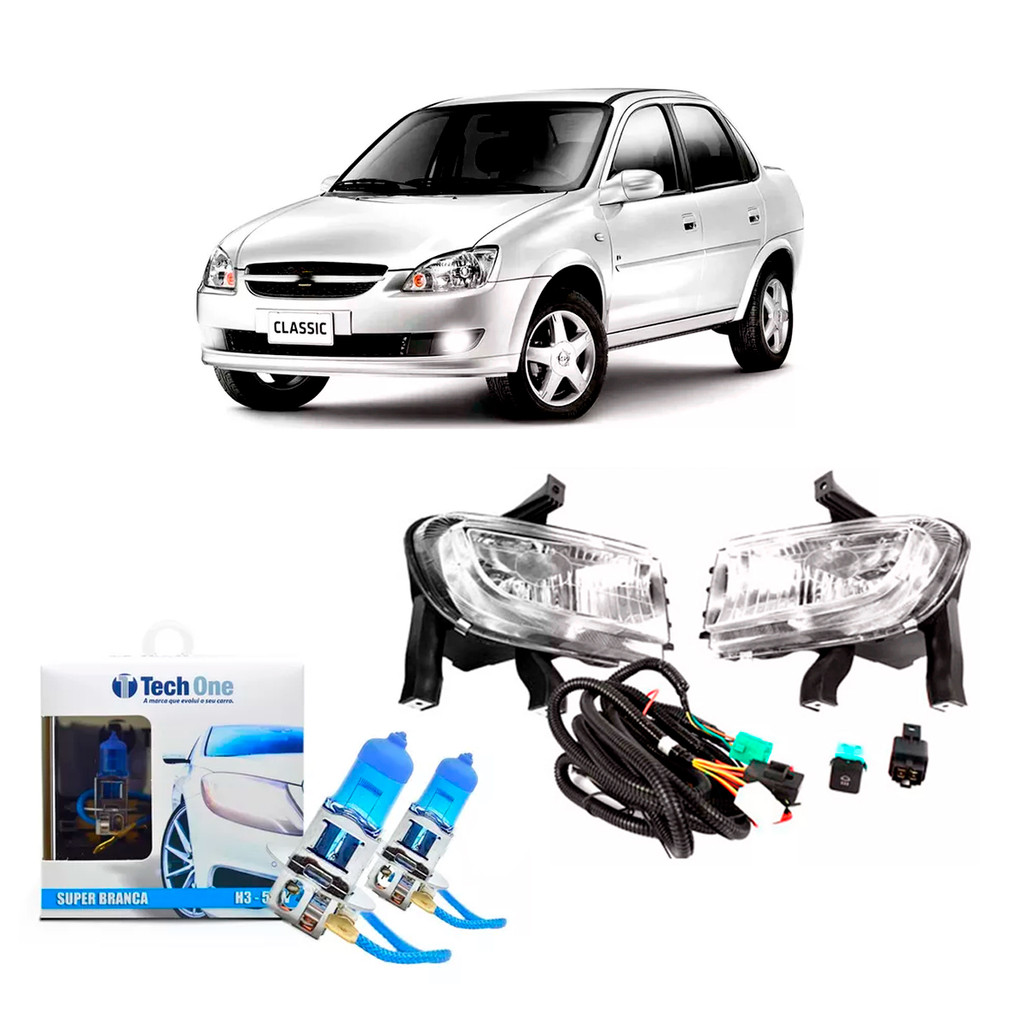 Kit Farol Milha Auxiliar Novo Corsa Classic 2010 a 2016 + Par Lâmpadas Super Brancas H3 8500k 55W