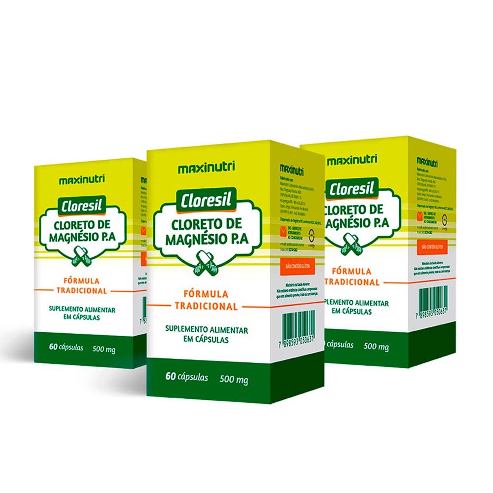 Kit 3 Cloresil Cloreto Magnésio 500mg 60 Cápsulas Maxinutri