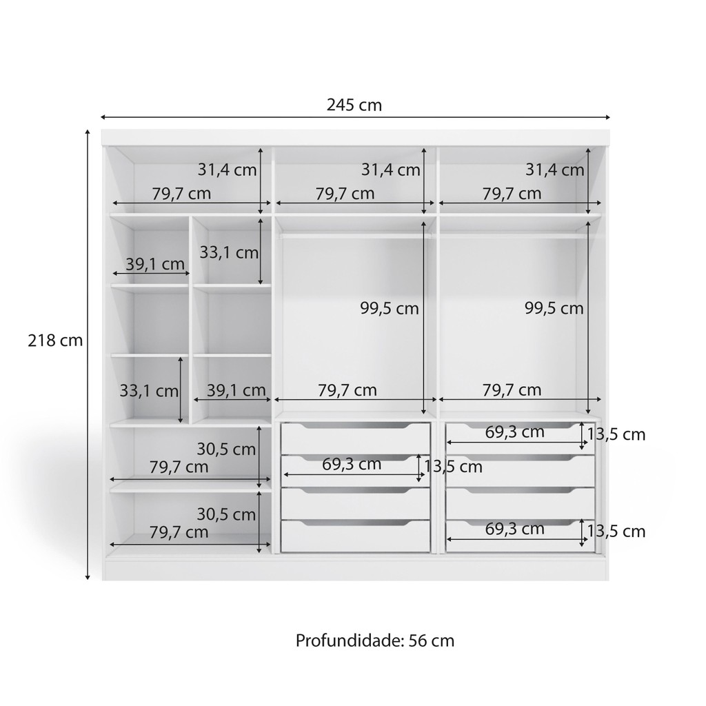 Detalhes do Guarda-Roupa Casal 100% MDF Kappesberg 3 Portas de Correr 8 Gavetas Branco