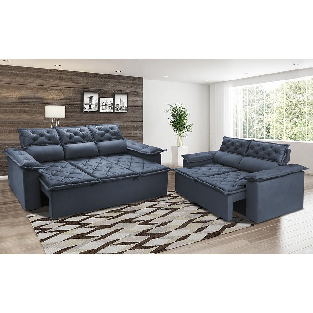 Conjunto de Sofá 3 e 2 Lugares Retrátil e Reclinável Cama inBox Compact 2,00x1,50m Velusoft Azul em Oferta na Shopee