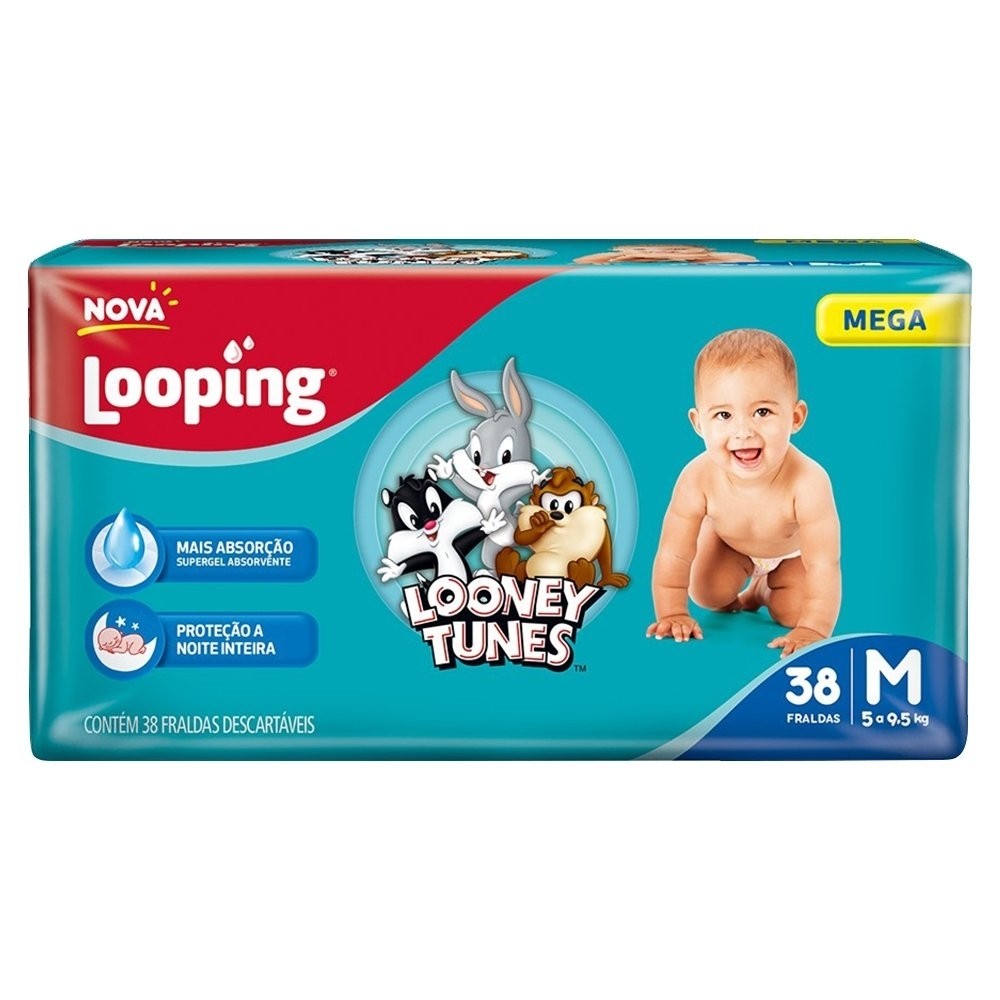 Fralda Descartável Looping Looney Tunes Mega Média - 6 Pacotes com 38 Fraldas - Total 228 Tiras - Mom & Baby