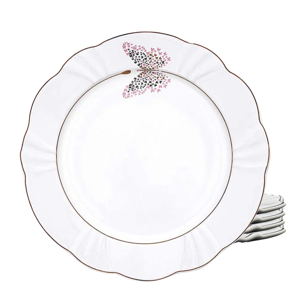 Kit Jogo 4 Pratos Fundo Porcelana 24cm Borda Dourada Borboleta Soleil Encantada