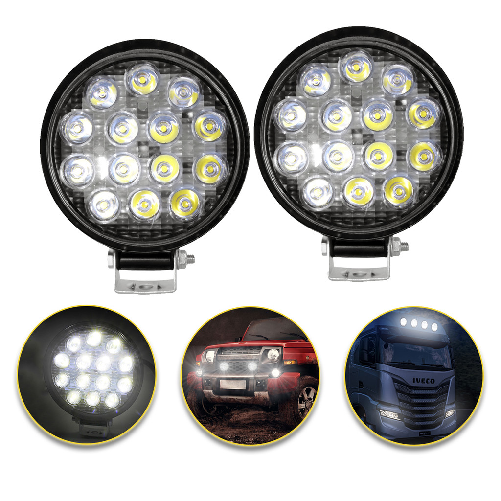 Kit 2 Farol LED Redondo 14 LED's Bivolt 9-36V 42W 6000k Carro Caminhão Jeep Barco SUV Off-Road