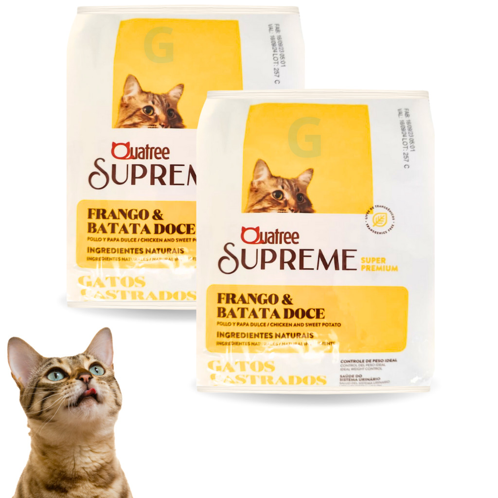 Kit Com 2 Ração Para Gatos Quatree Supreme Castrado Adultos Frango e Batata Doce 1Kg