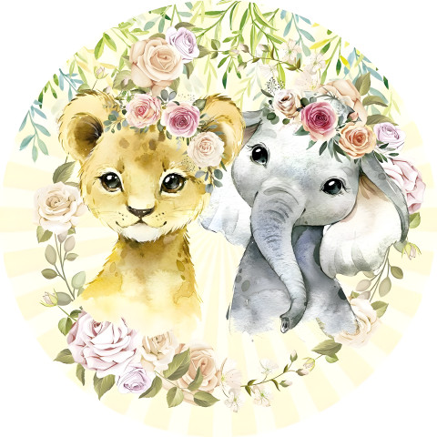 NOVO Painel Festa Infantil Redondo Elefantinha e Leoa, Folhas e Flores Aquarela + Arco, Suporte incluso. Fazemos personalizado com qualquer tema. Confeccionado em Lona fosca, impressão de alta resolução. cenário , p/ Decoração
