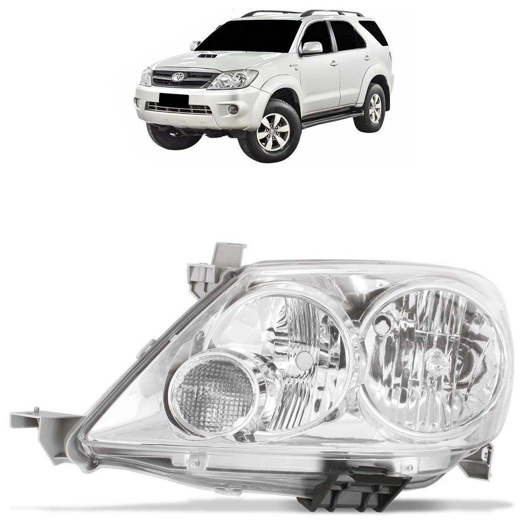 Farol Dianteiro Hilux Sw4 2005 2006 2007 2008 Máscara Cromada Lente Lisa em Acrílico