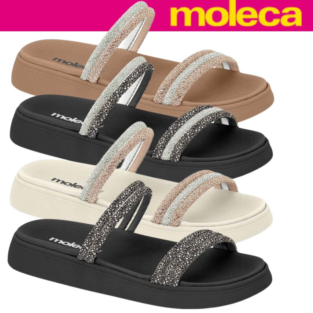 Sandália Papete Feminina Moleca Flat Tiras Strass Brilho Moda Casual Conforto em Oferta na Shopee