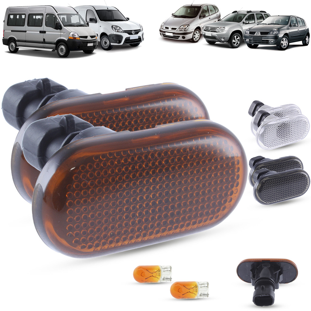 Par de Lanterna Pisca Seta Lateral + Soquete e Lâmpada Renault Clio Scenic Duster Kangoo Master