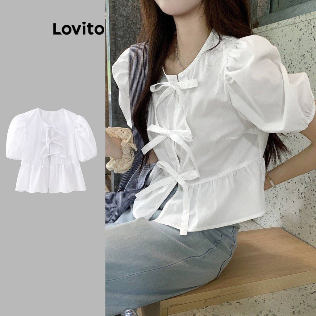 Lovito Blusa casual lisa com cadarço para mulheres L104ED294