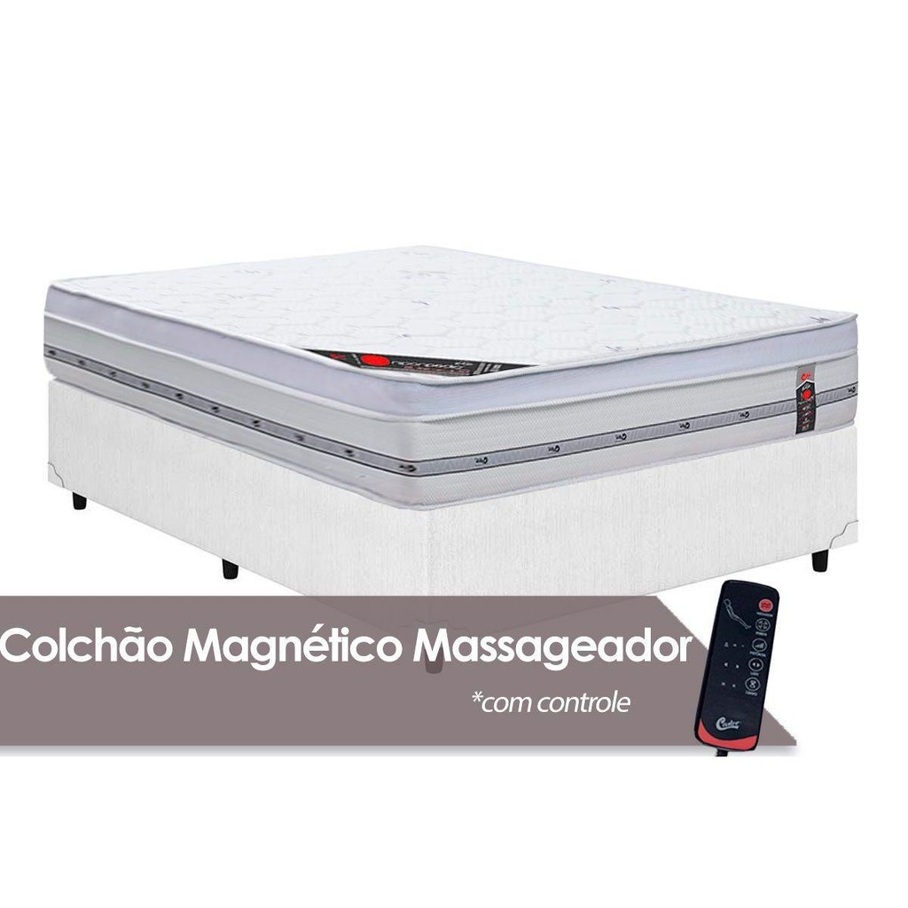 Cama Box Casal:Colchão c/Vibro Massagem Castor Pocket Gold Star Niponpedic Magnético Vibro+Base CRC Courano White138x188