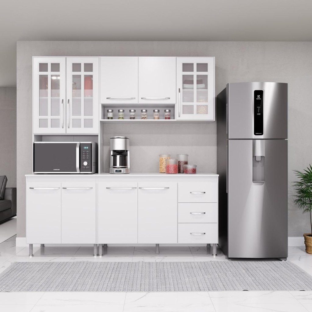 Cozinha Modulada Compacta Fidelitá Viena 3 Peças 190cm 9 Portas 3 Gavetas Com Tampo Branco - Home & Living