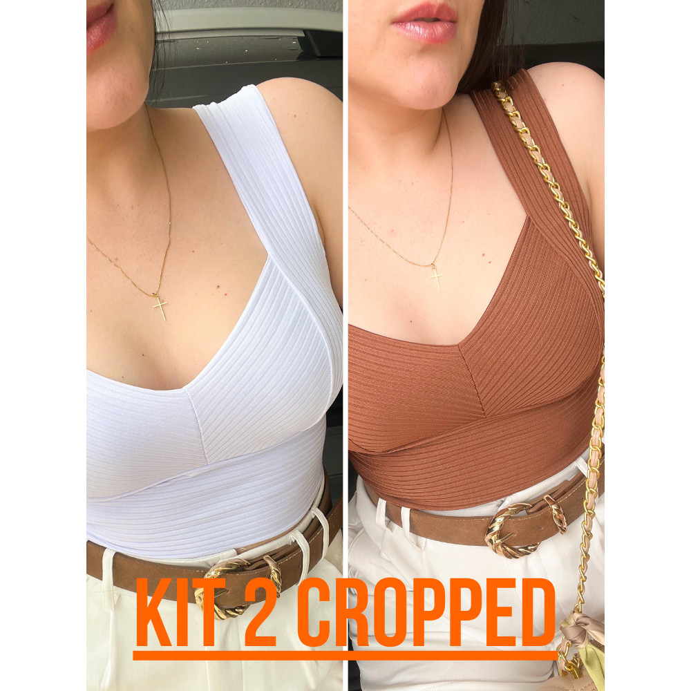 Kit 2 Blusa Cropped Regata Canelado Gola V Feminino Verao Elegante Tendencia