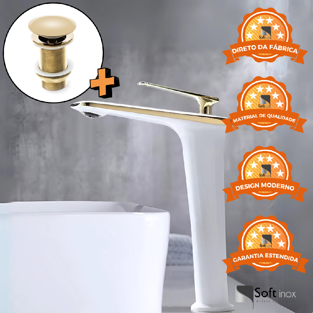 Kit Torneira Monocomando Petra Alta Branco/Gold + Válvula Click 1.1/4 Gold