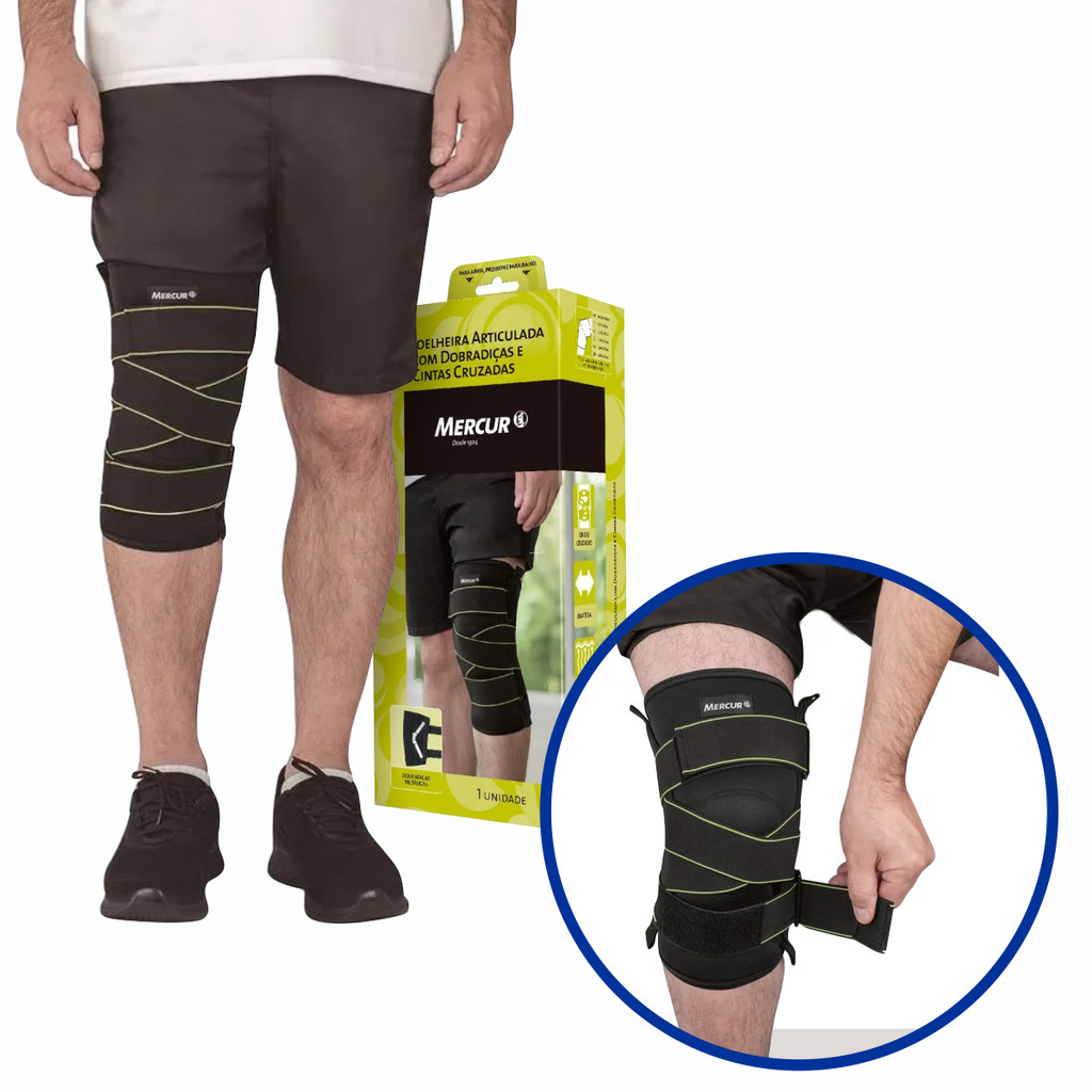 Joelheira Articulada Neoprene Mercur Com Dobradiças Cintas Cruzadas Reabilitação Lesões Entorse