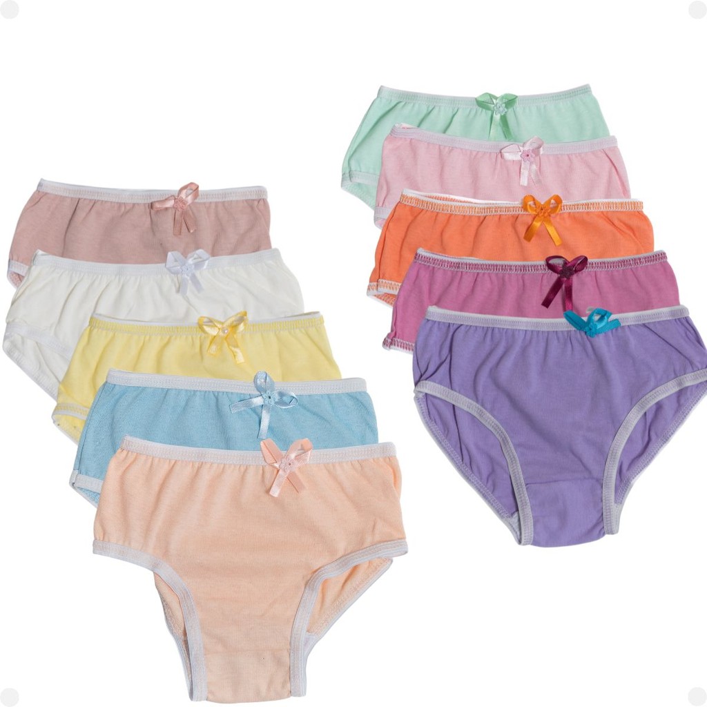 Kit 10 Calcinhas Lisas Algodão Infantil Com Lacinho Confortável
